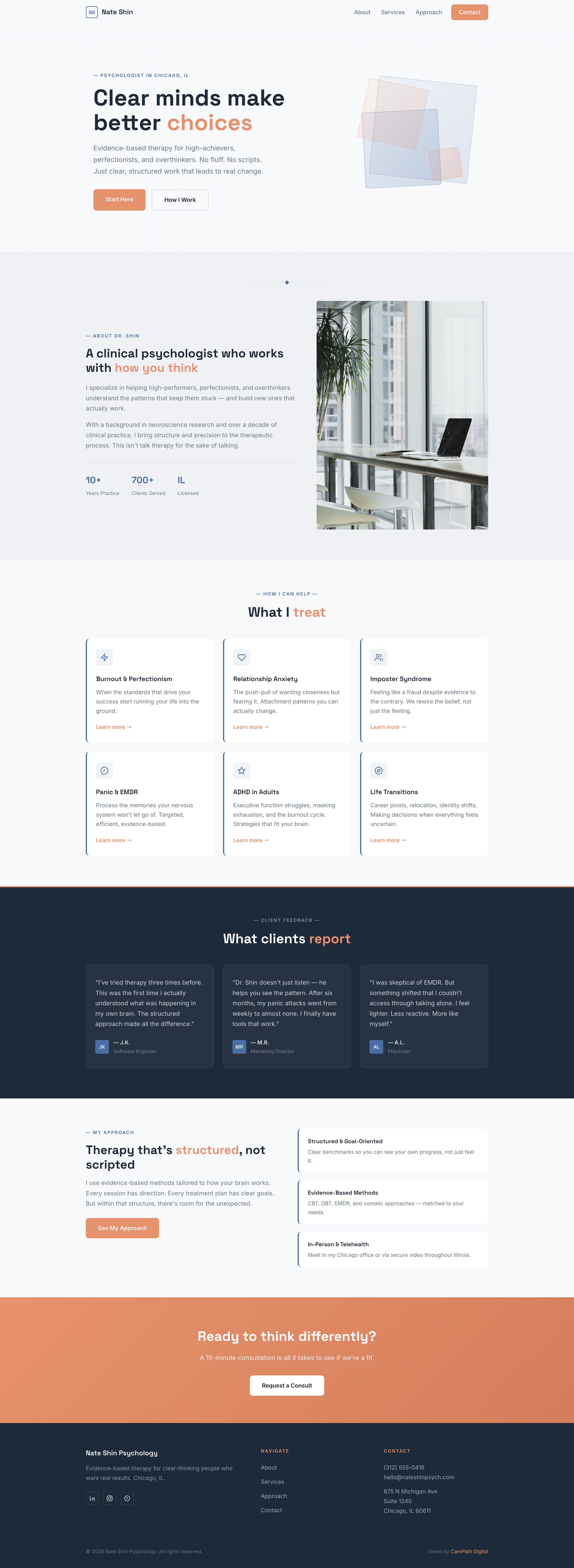 Clarity theme — steel blue and coral clean design